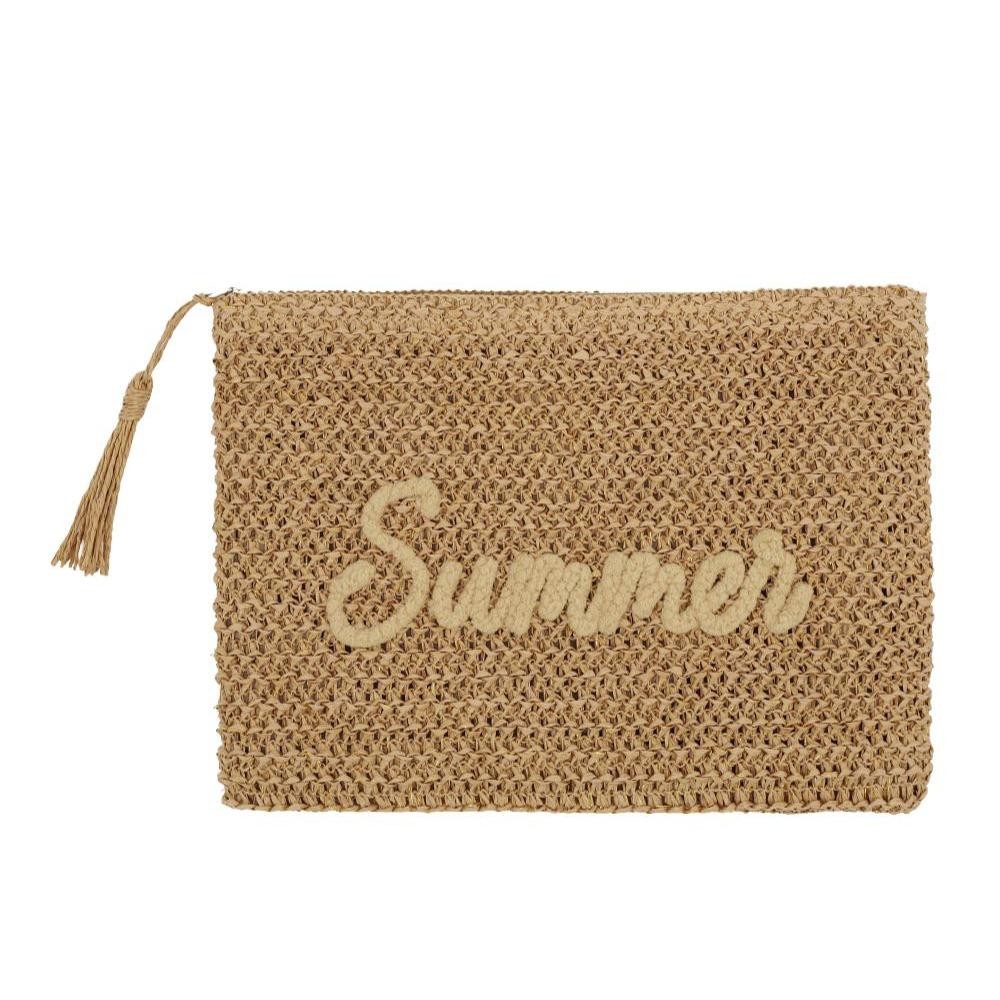 Woven Straw & Gold Lurex "Summer" Pouch - Full Zip Closure - 1 Inner Open Pocket - 100% Paper view 4