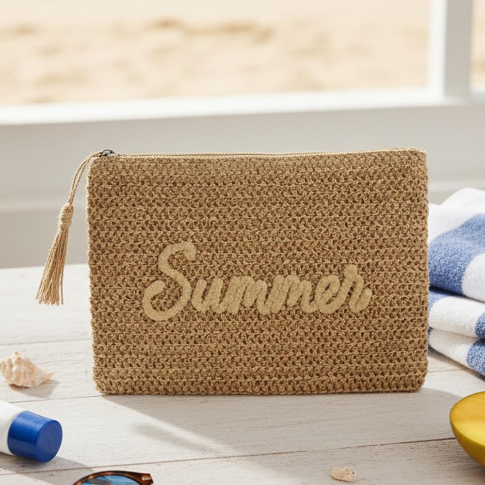 Woven Straw & Gold Lurex "Summer" Pouch - Full Zip Closure - 1 Inner Open Pocket - 100% Paper view 6