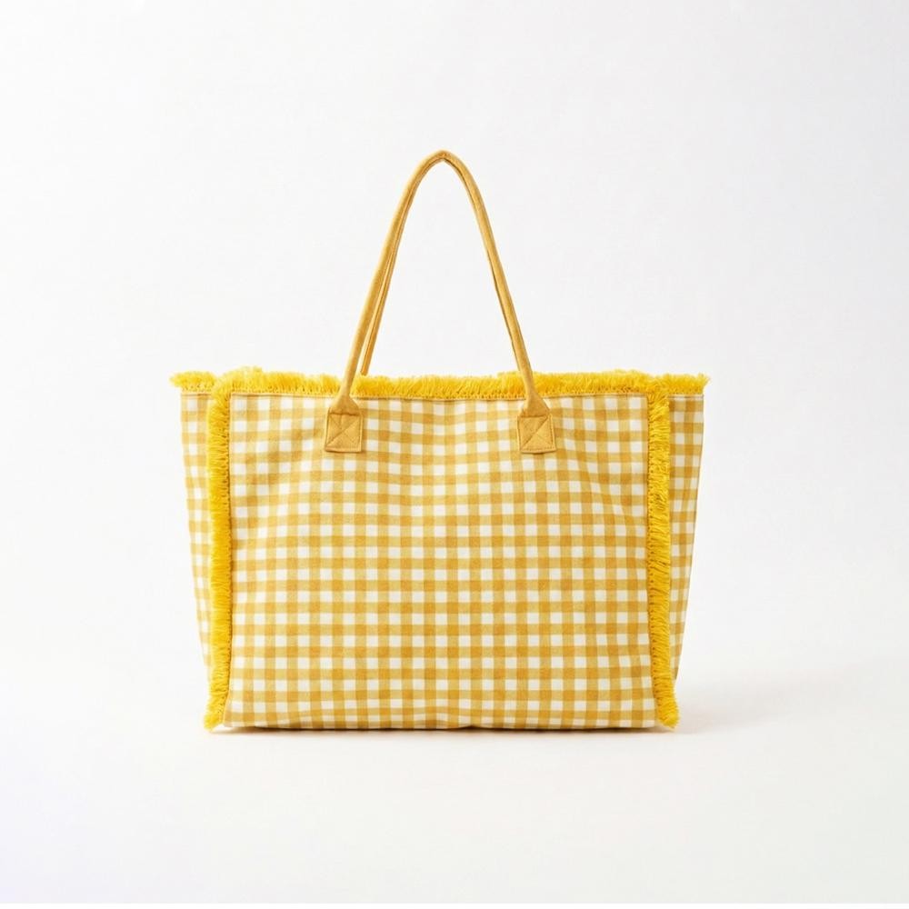 Gingham Terry Cloth Tote Bag With Fringe Detail - Full Zip Closure - 1 Internal Pocket - Approximately 17.5" L X 14" T X 5" D - 100% Polyester view 4