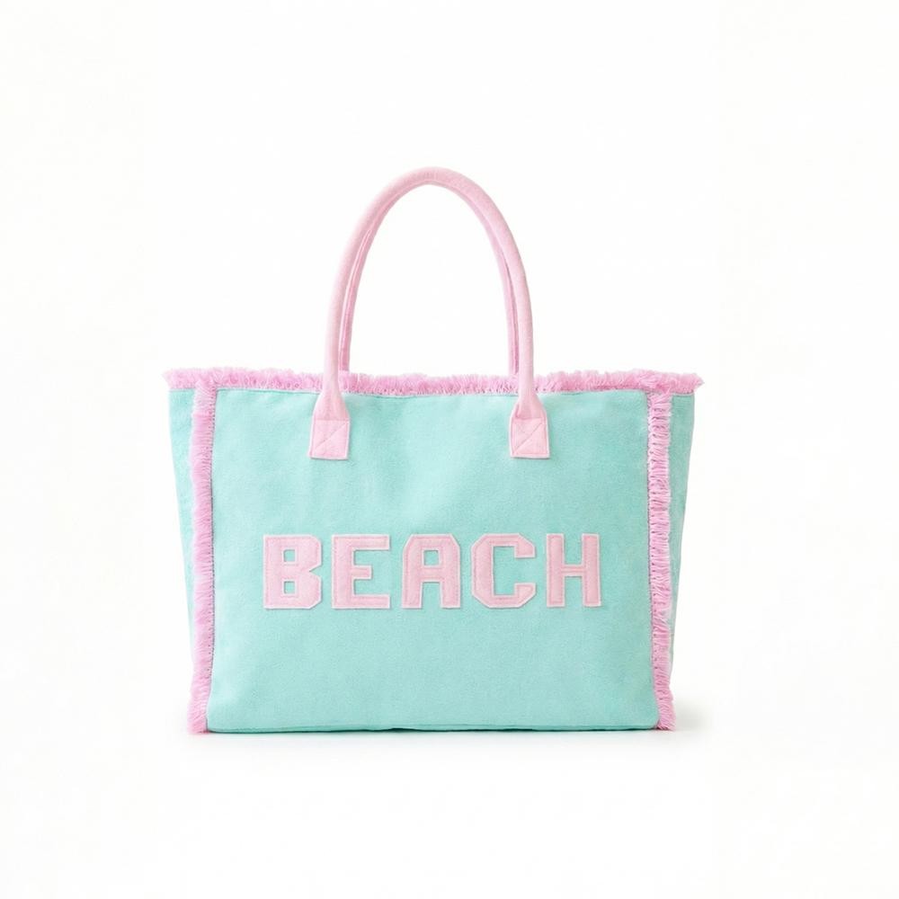 "BEACH" Terry Cloth Tote Bag With Fringe Detail - Full Zip Closure - 1 Internal Pocket - Approximately 17.5" L X 13.5" T X 5" D - 100% Polyester view 4