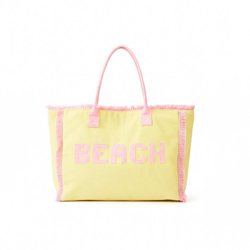 "BEACH" Terry Cloth Tote Bag With Fringe Detail - Full Zip Closure - 1 Internal Pocket - Approximately 17.5" L X 13.5" T X 5" D - 100% Polyester view 4