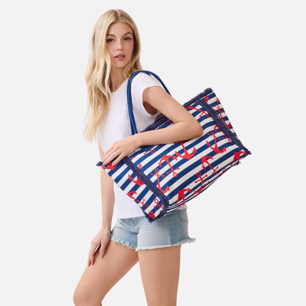 Anchor & Stripe Fringe Tote Bag - Full Zip Closure - 1 Inner Pocket - Approximately 14.5" L X 11.5" T X 7" D - 100% Polyester view 4