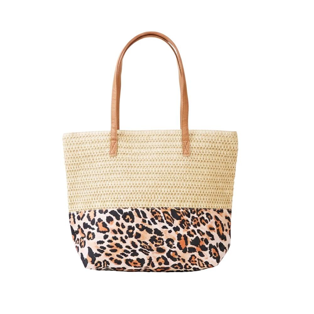 Straw & Leopard Print Tote Bag - Full Zip Closure - 1 Internal Pocket - Approximately 18" L X 14" T X 5" D - 100% Polyester view 4