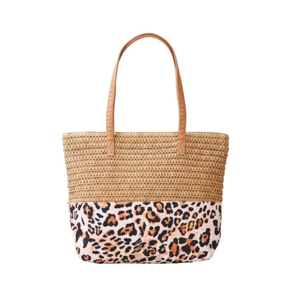 Straw & Leopard Print Tote Bag - Full Zip Closure - 1 Internal Pocket - Approximately 18" L X 14" T X 5" D - 100% Polyester view 4