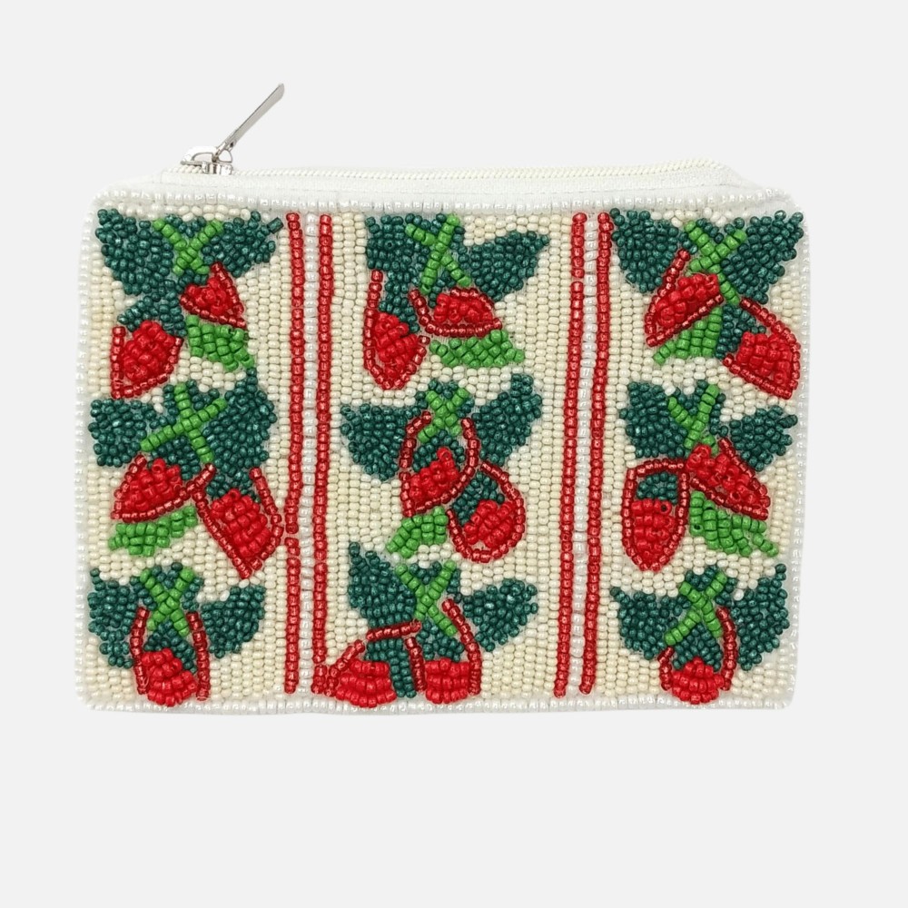 Strawberries & Stripes Seed Beaded Canvas Bag - Fully Lined Inside - 100% Cotton Bag - Approximately 5" L X 4" T view 2