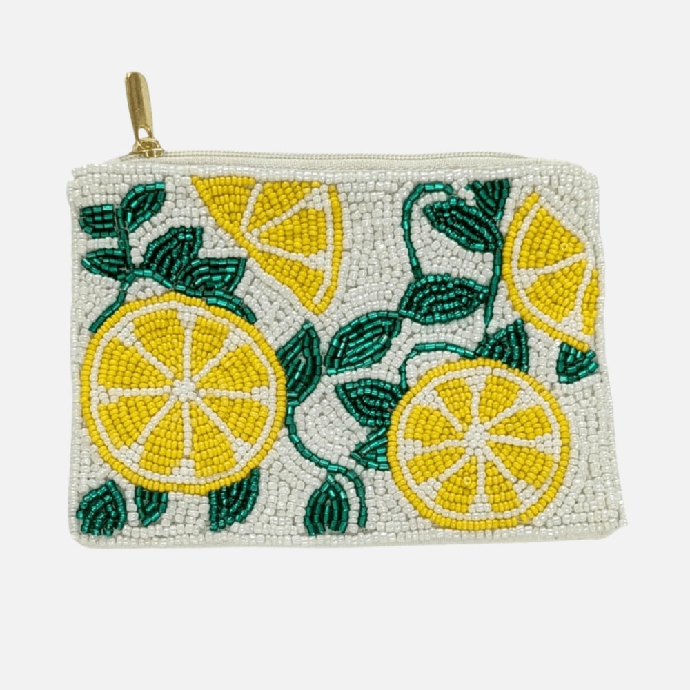 Lemons Seed Beaded Canvas Bag - Fully Lined Inside - 100% Cotton Bag - Approximately 5" L X 4" T view 2