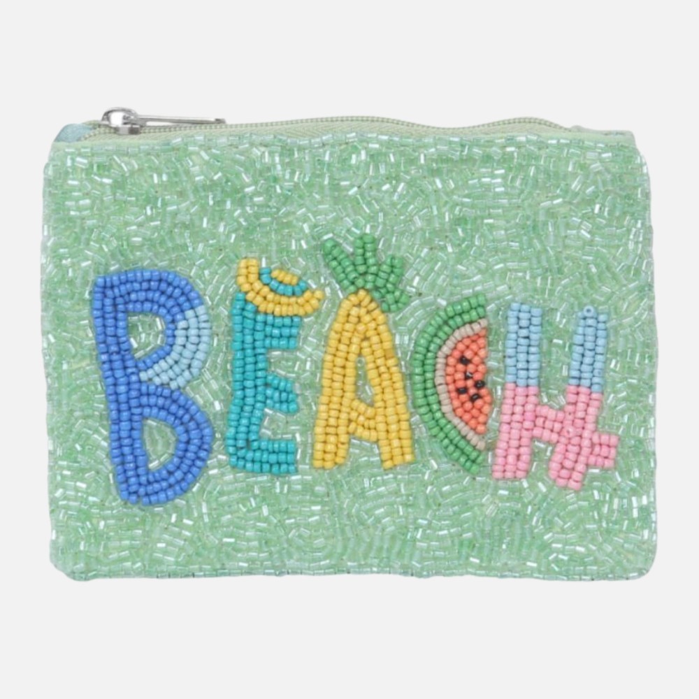 "BEACH" Seed Beaded Canvas Bag - Fully Lined Inside - 100% Cotton Bag - Approximately 5" L X 4" T view 2