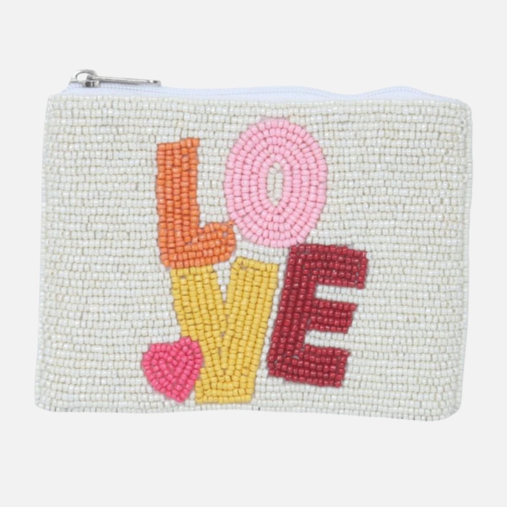 "LOVE" Seed Beaded Canvas Bag - Fully Lined Inside - 100% Cotton Bag - Approximately 5" L X 4" T view 2