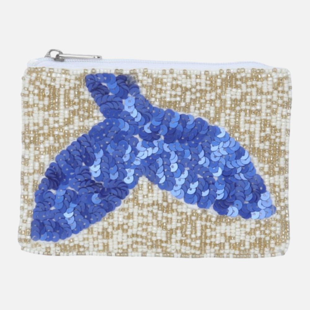 Sequin Whale Tail Seed Beaded Canvas Bag - Fully Lined Inside - 100% Cotton Bag - Approximately 5" L X 4" T view 2