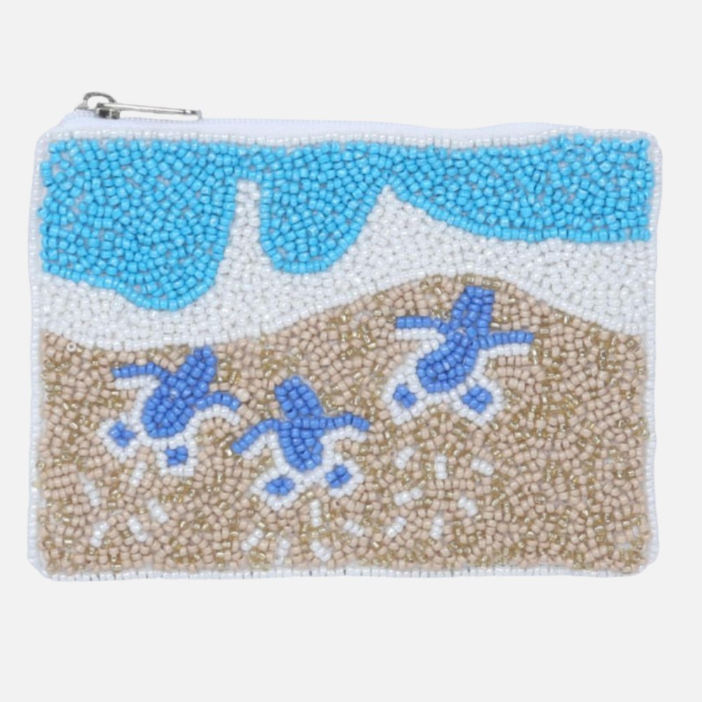 Sea Turtles & Beach Seed Beaded Canvas Bag - Fully Lined Inside - 100% Cotton Bag - Approximately 5" L X 4" T view 2