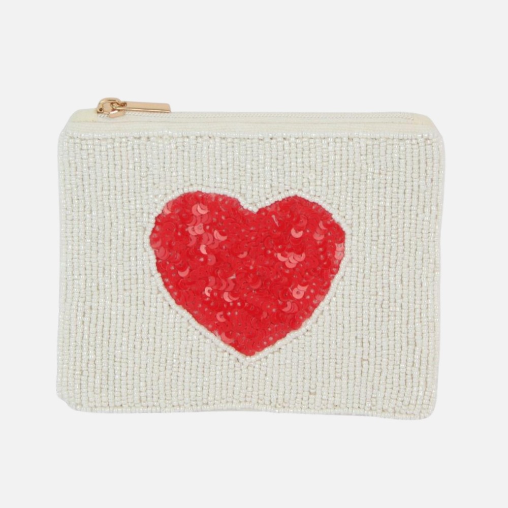 Sequin Heart Seed Beaded Canvas Bag - Fully Lined Inside - 100% Cotton Bag - Approximately 5" L X 4" T view 2