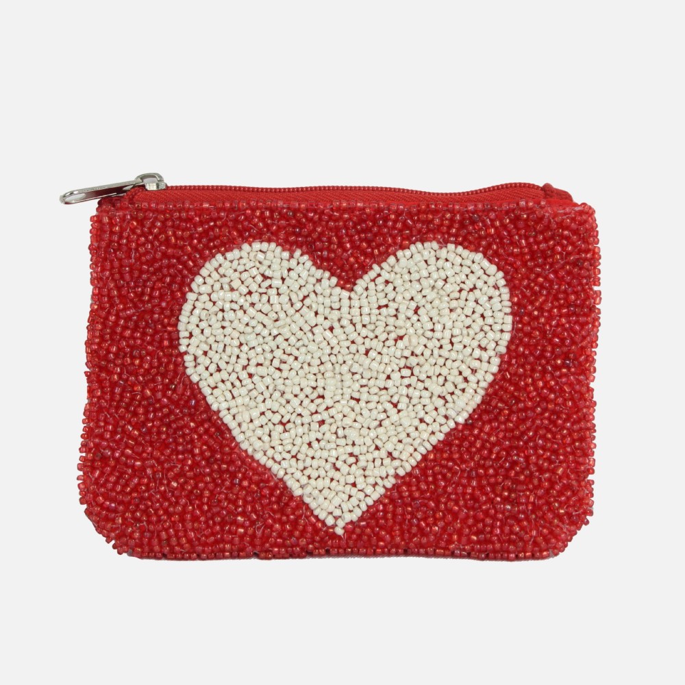 Heart Seed Beaded Canvas Bag - Fully Lined Inside - 100% Cotton Bag - Approximately 5" L X 4" T view 2