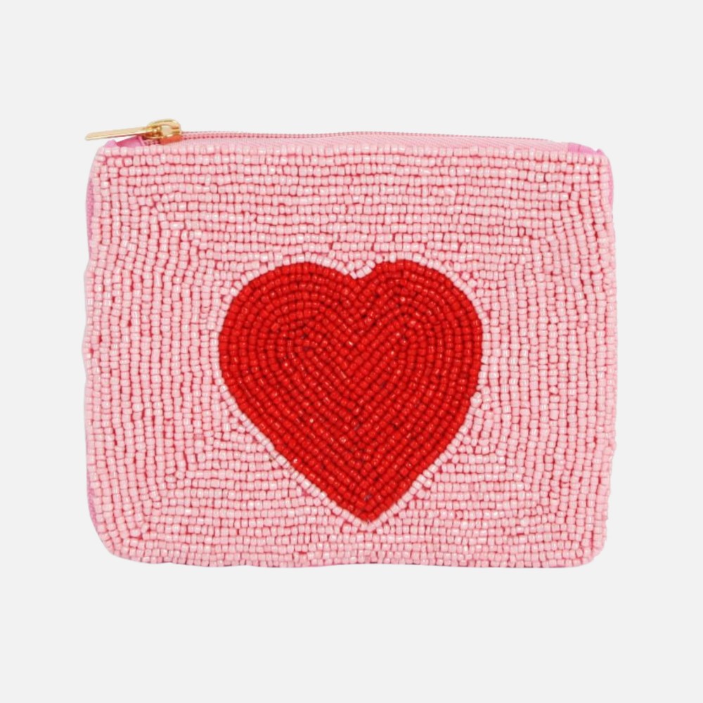 Heart Seed Beaded Canvas Bag - Fully Lined Inside - 100% Cotton Bag - Approximately 5" L X 4" T view 2
