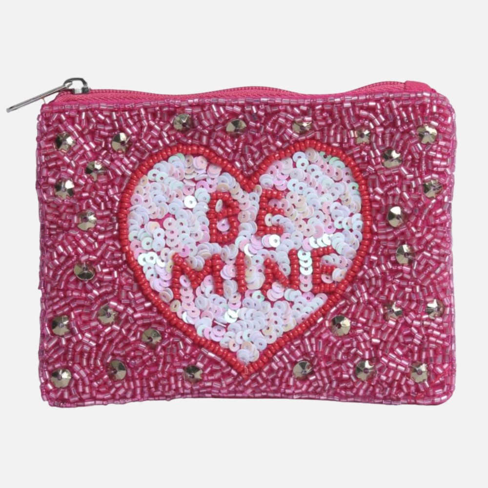"BE MINE" Sequin Heart Seed Beaded Canvas Bag - Fully Lined Inside - 100% Cotton Bag - Approximately 5" L X 4" T view 2