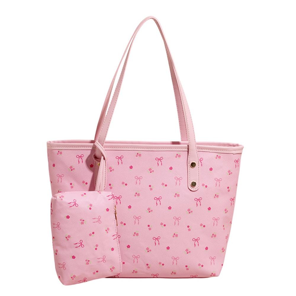 Bow & Flower Print Vegan Leather Tote Bag - Full Zip Closure - Lined Body - Matching Wristlet Included - Approximately 15" L X 7" T X 4" D view 2