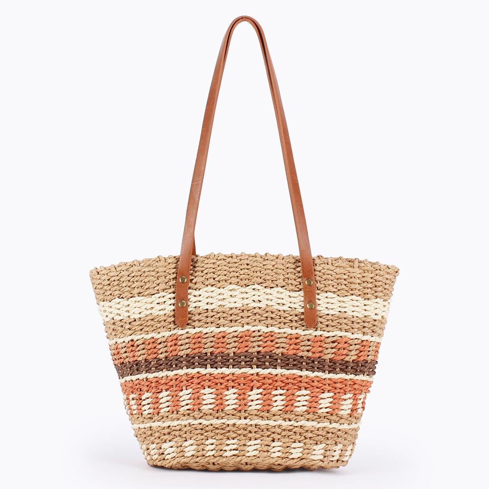 Multi Color Straw Tote Bag With Vegan Leather Handles - Snap Closure - Lined Body - 1 Open Pocket - Approximately 11" L X 9" T X 6" D view 2
