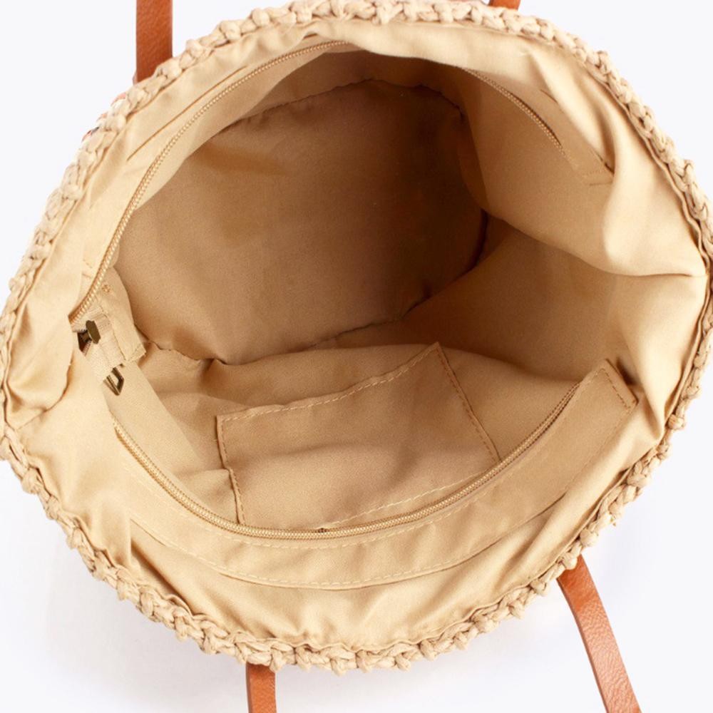 Multi Color Straw Tote Bag With Vegan Leather Handles - Snap Closure - Lined Body - 1 Open Pocket - Approximately 11" L X 9" T X 6" D view 6