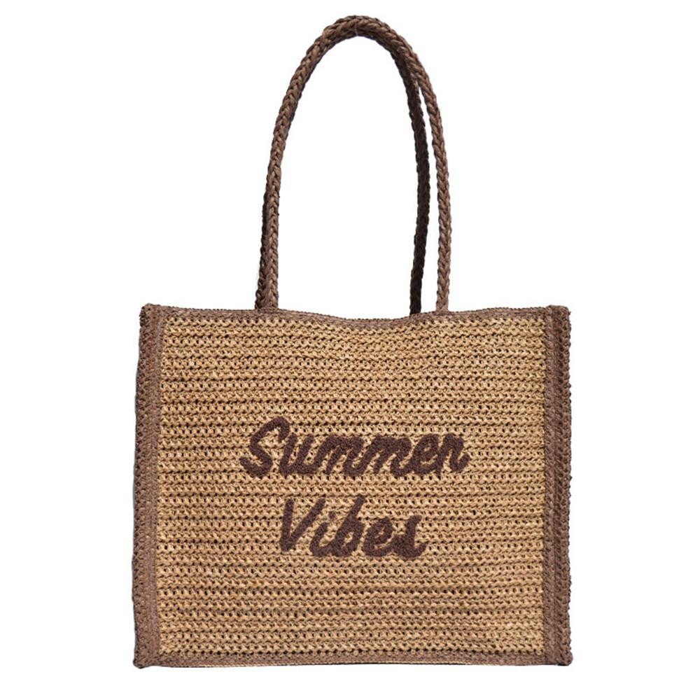 Two Tone Straw "Summer Vibes" Tote Bag - Full Zip Closure - Lined Body - 1 Open Pocket - Approximately 15" L X 12.5" T X 6" D view 2