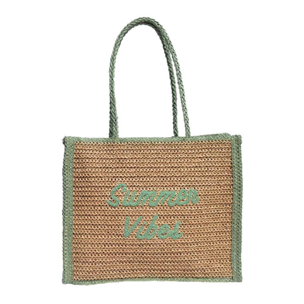 Two Tone Straw "Summer Vibes" Tote Bag - Full Zip Closure - Lined Body - 1 Open Pocket - Approximately 15" L X 12.5" T X 6" D view 2