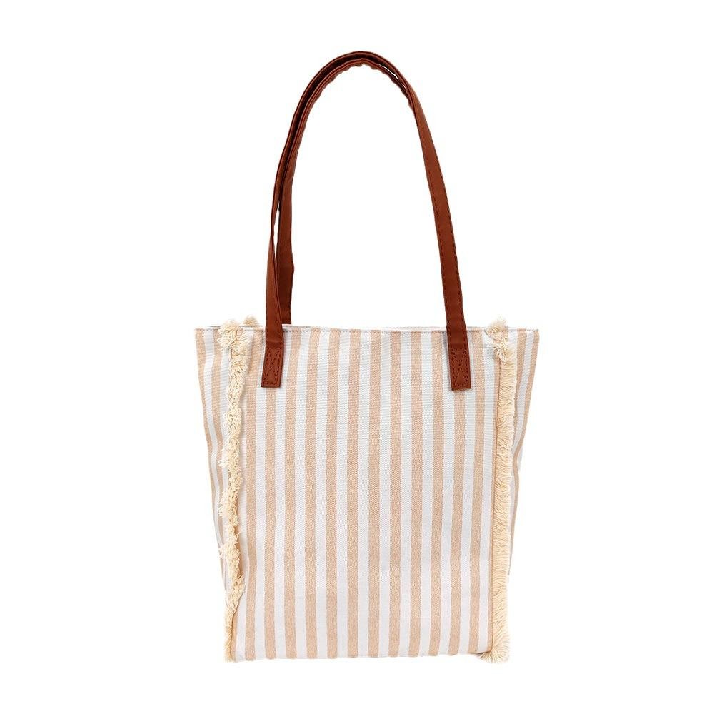 Stripe Canvas Tote Bag With Fringe Detail & Vegan Leather Handles - Full Zip Closure - Lined Body - 1 Open Pocket - Approximately 10" L X 13" T X 3.25" D view 2