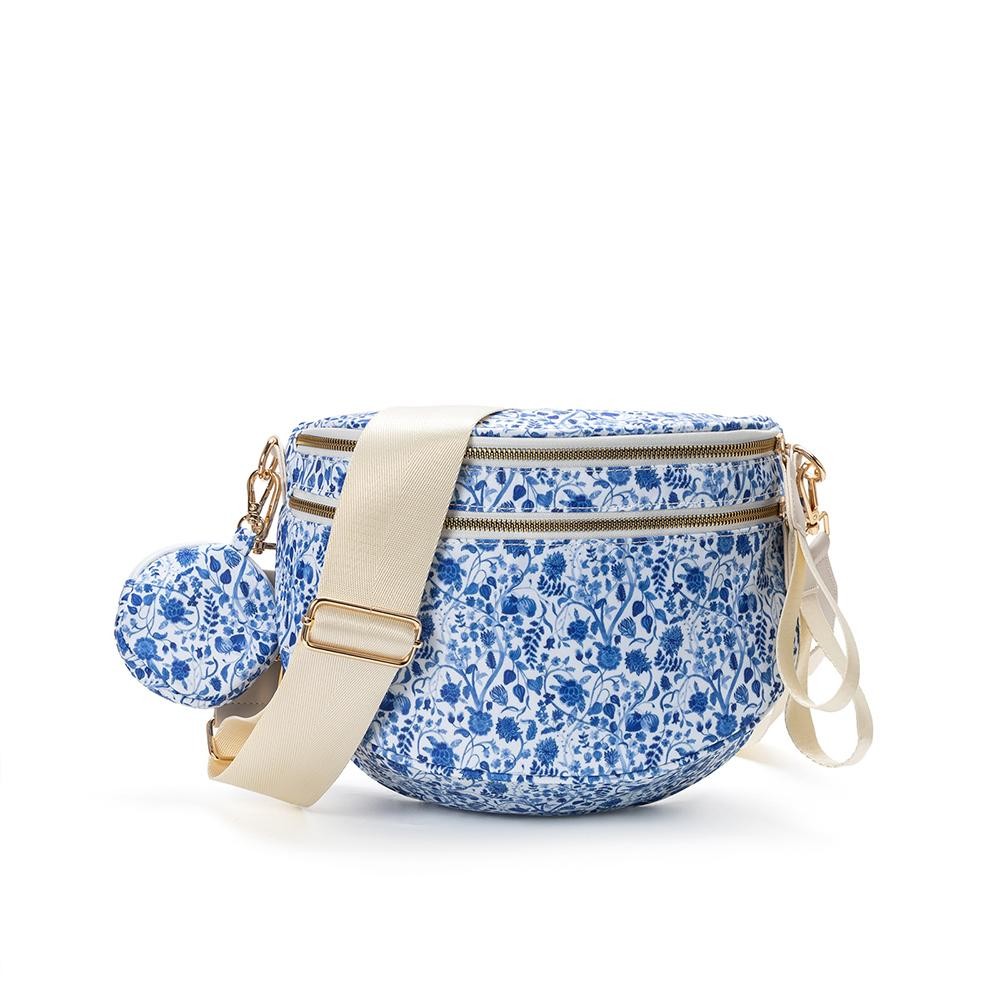 Nylon Cross Body Bag With Canvas Strap - 2 Front Zip Pockets, 1 Back Zip Pocket - Removable Round Pouch Included - Lined Body With Internal Zip Pocket - Approximately 11" L X 8" T X 4" D view 2