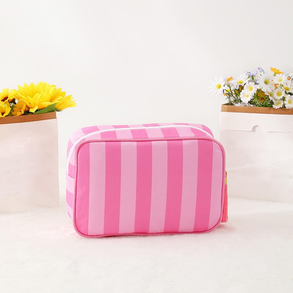 Nylon Stripe Pouch With Tassels - Fill Zip Closure - Lined Body - Approximately 9" L X 6" T X 3" D view 2
