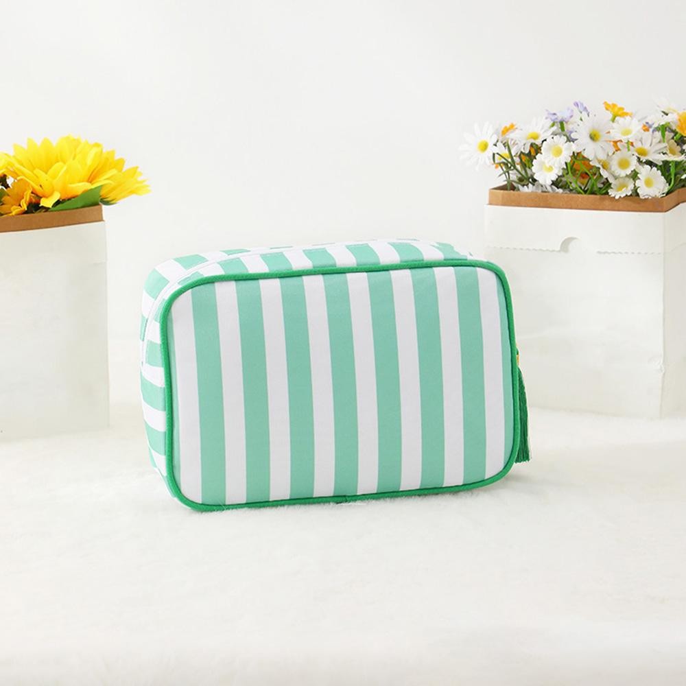 Nylon Stripe Pouch With Tassel - Fill Zip Closure - Lined Body with Open Pocket - Approximately 9" L X 7" T X 3" D view 2