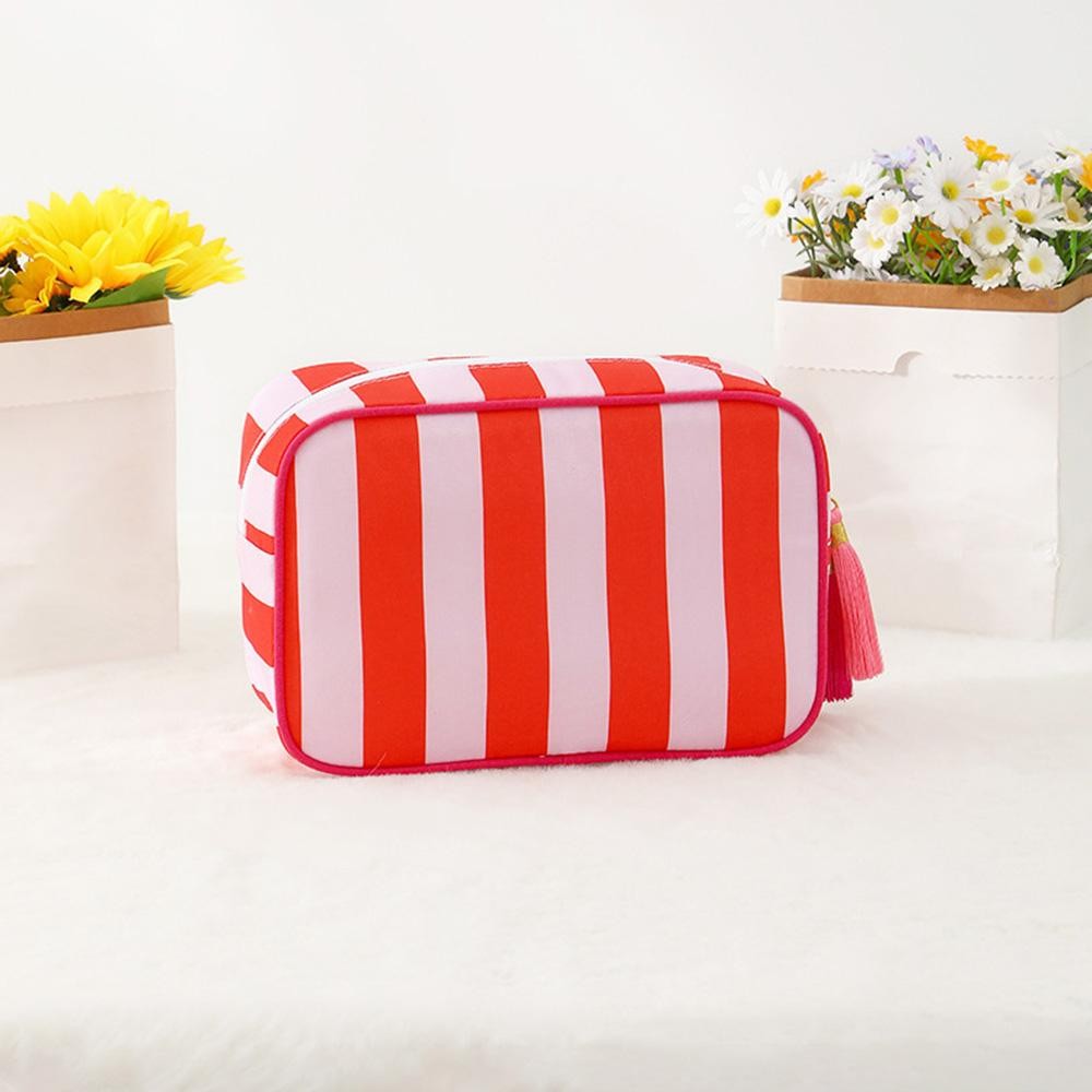 Nylon Stripe Pouch With Tassel - Fill Zip Closure - Lined Body with Open Pocket - Approximately 9" L X 7" T X 3" D view 2