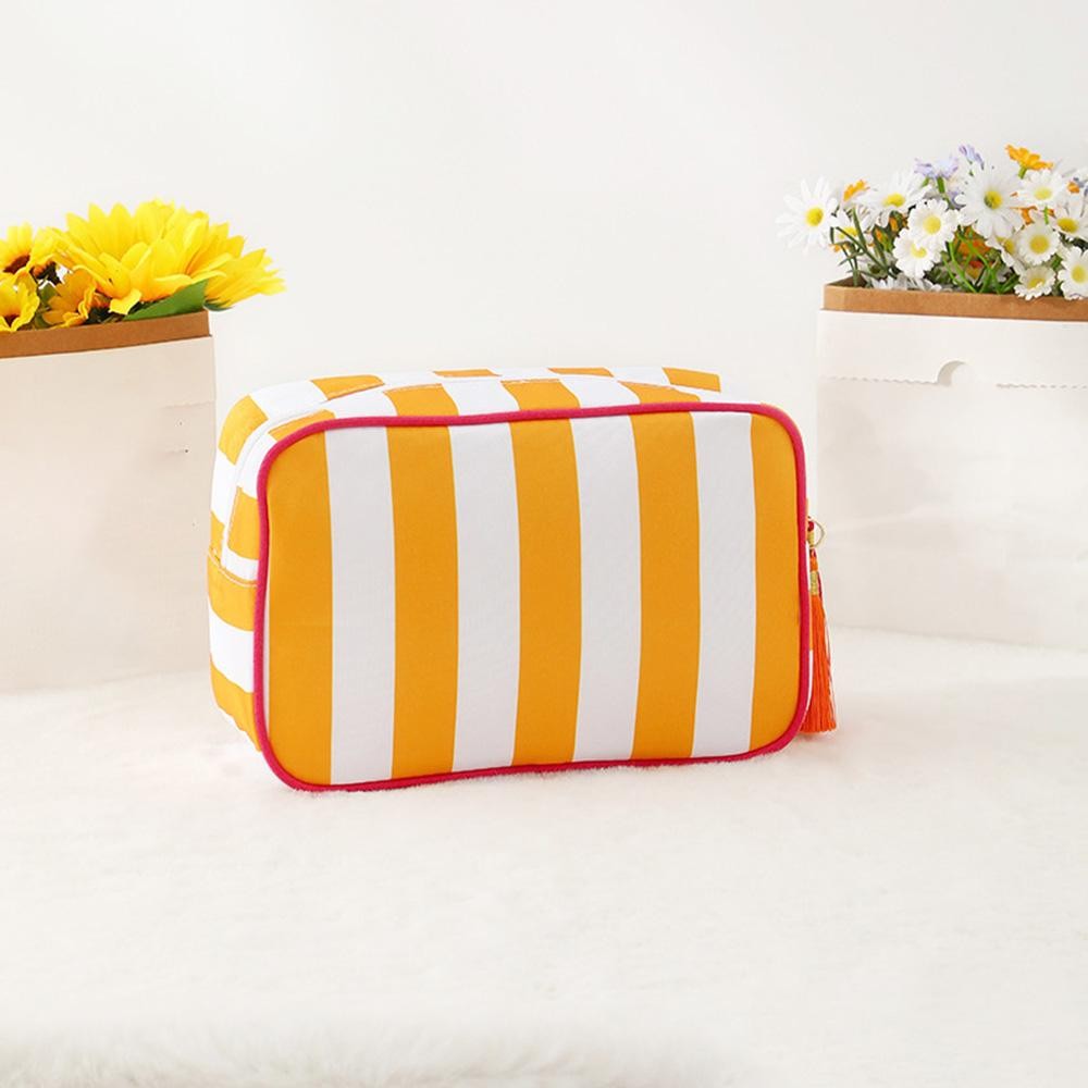 Nylon Stripe Pouch With Tassel - Fill Zip Closure - Lined Body with Open Pocket - Approximately 9" L X 7" T X 3" D view 2