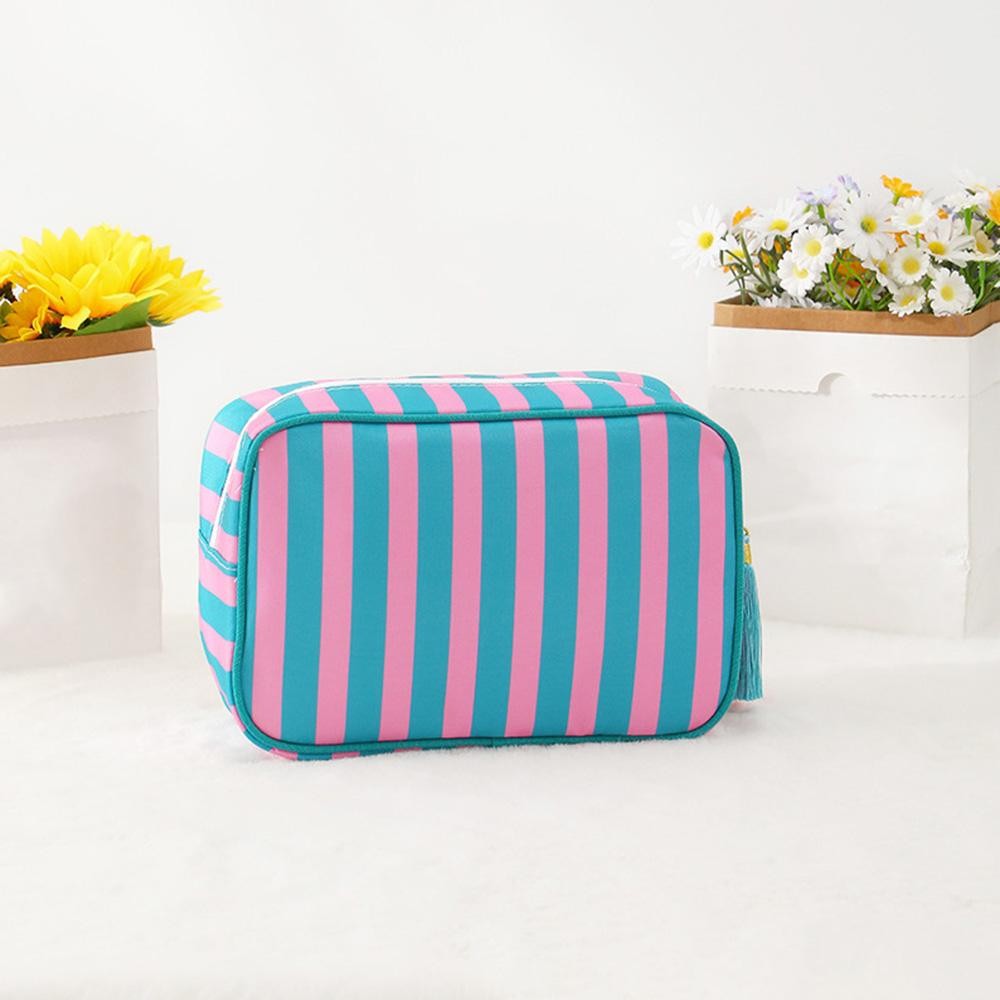 Nylon Stripe Pouch With Tassel - Fill Zip Closure - Lined Body with Open Pocket - Approximately 9" L X 7" T X 3" D view 2