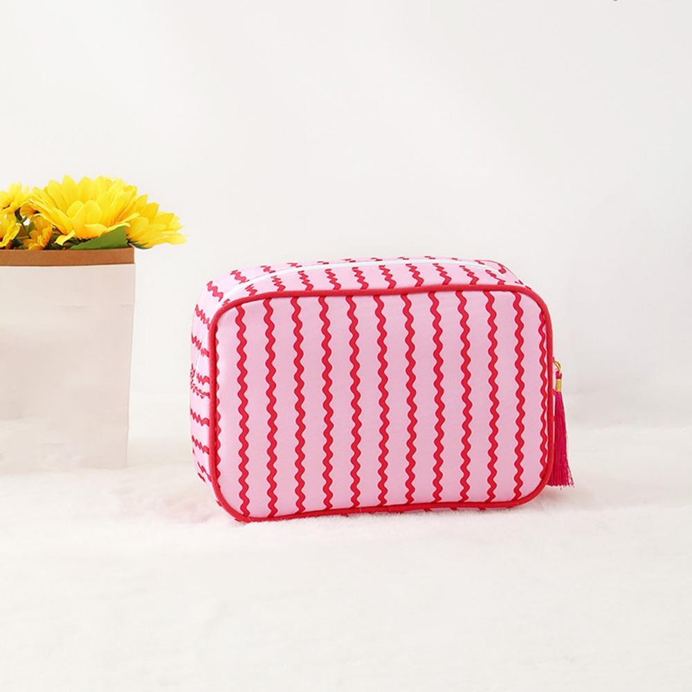 Nylon Curved Stripe Pouch With Tassel - Fill Zip Closure - Lined Body with Open Pocket - Approximately 9" L X 6" T X 3" D view 2
