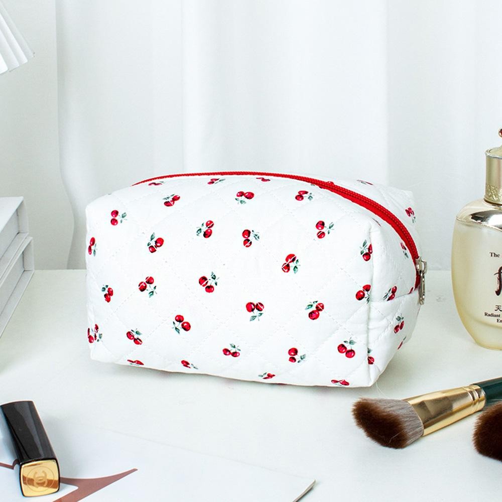 Quilted Cherries Print Makeup Pouch - Full Zipper Closure - Lined Body - Approximately 4.5" T X 7" L X 3" D view 2