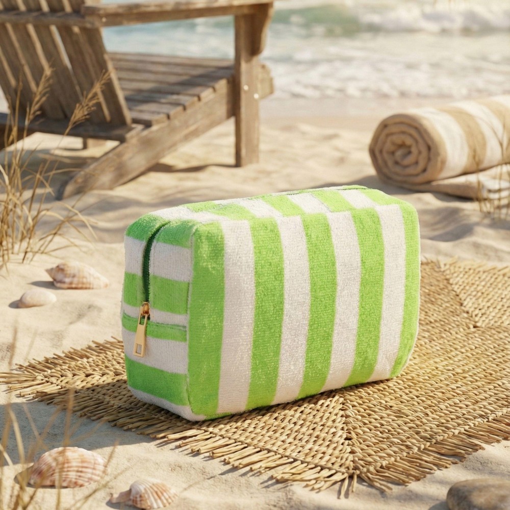 Stripe Terry Cloth Pouch -Full Zip Closure - Lined Body - Approximately 8" L X 6" T X 3" D view 2
