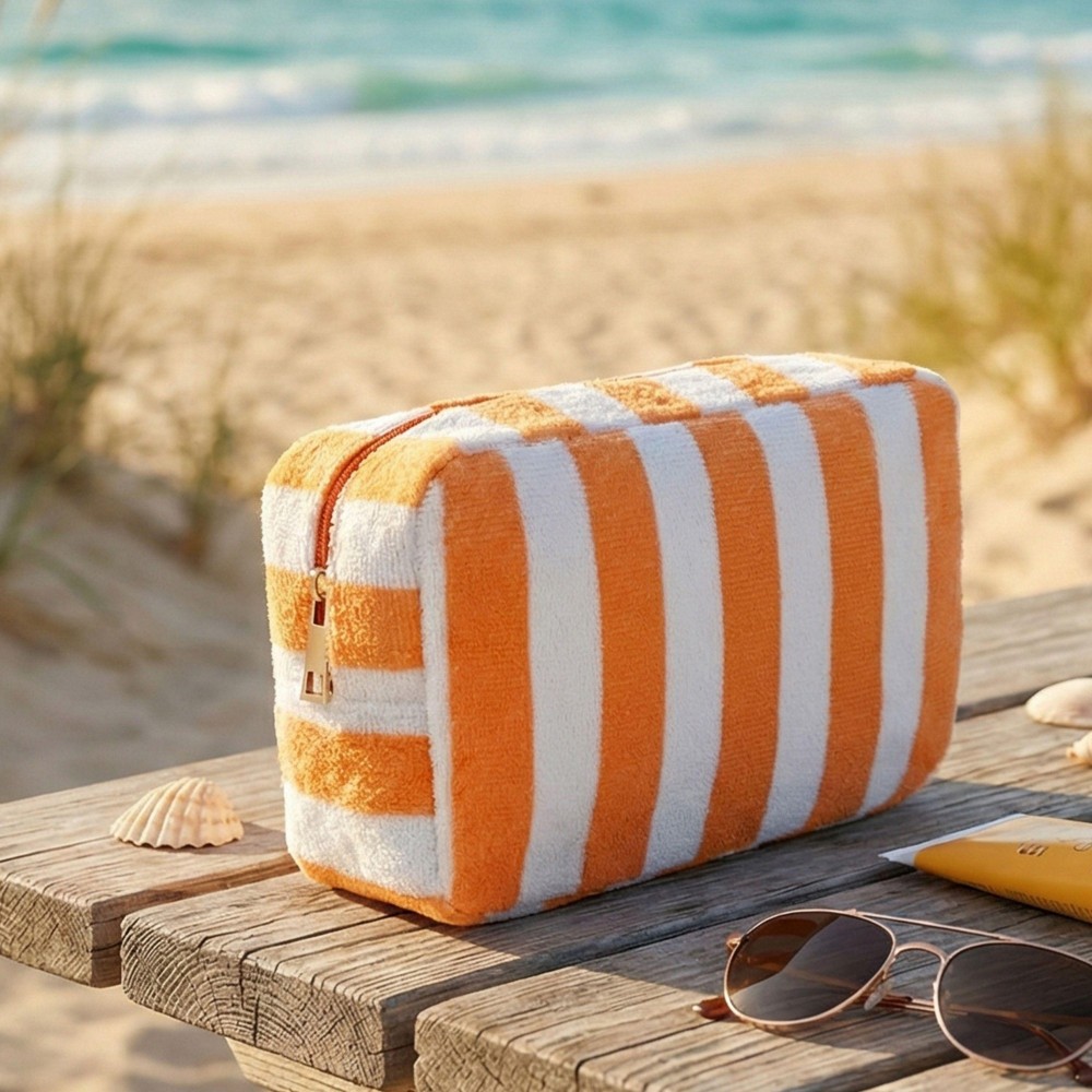 Stripe Terry Cloth Pouch -Full Zip Closure - Lined Body - Approximately 8" L X 6" T X 3" D view 2