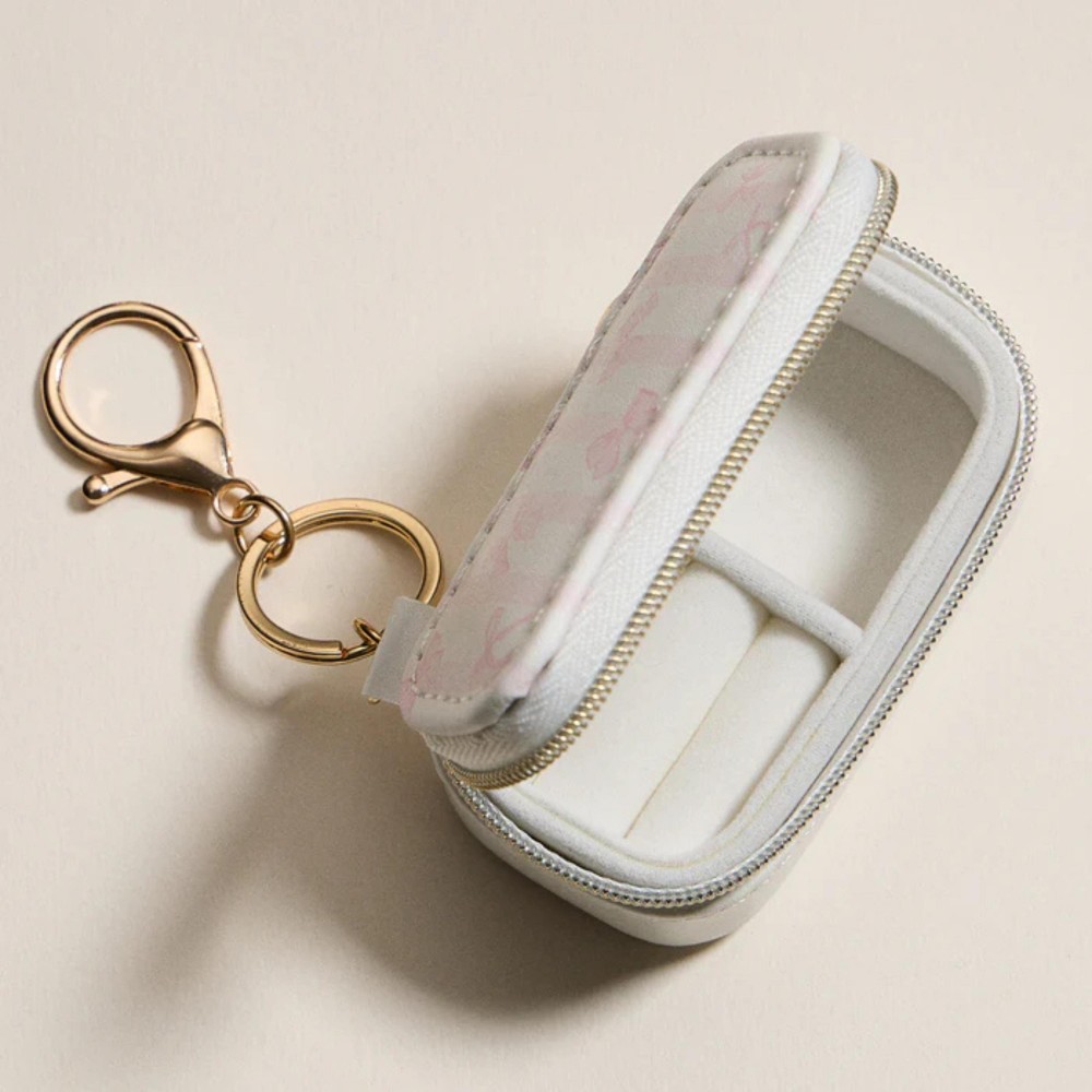 Vegan Leather Stripes & Bows Print Jewelry Box Key Ring - Full Zip Closure - Earring Holder - 2 Ring Slots - Approximately 1.5" T X 3" L view 6