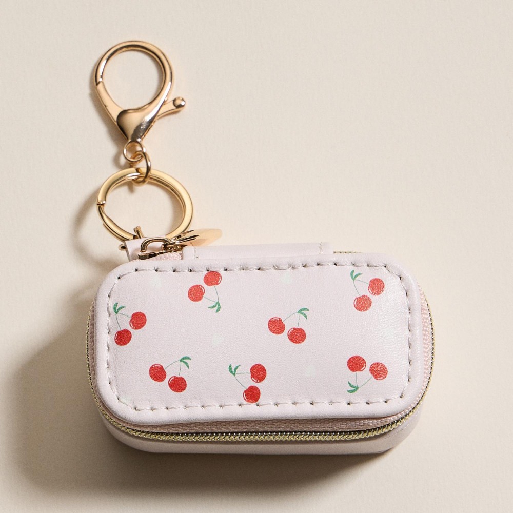 Vegan Leather Cherries & Hearts Print Jewelry Box Key Ring - Full Zip Closure - Earring Holder - 2 Ring Slots - Approximately 1.5" T X 3" L view 2