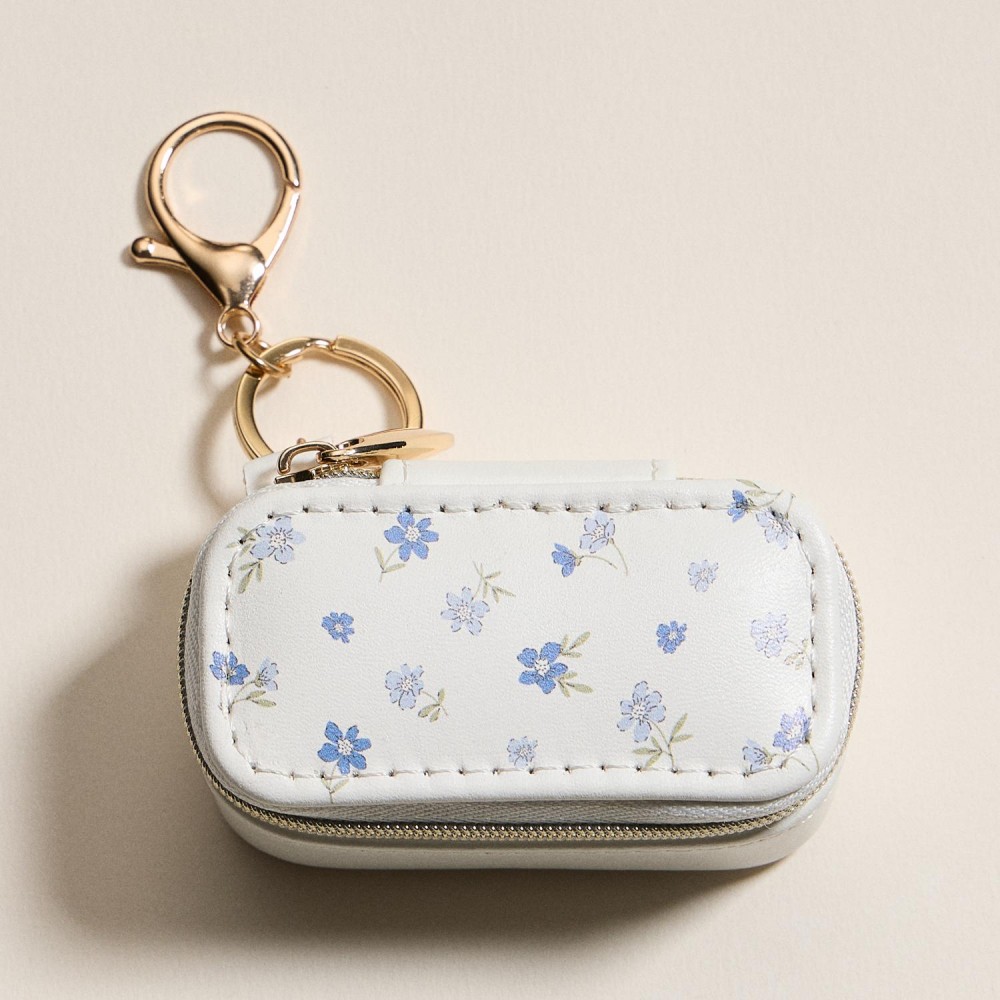 Vegan Leather Flowers Print Jewelry Box Key Ring - Full Zip Closure - Earring Holder - 2 Ring Slots - Approximately 1.5" T X 3" L view 2