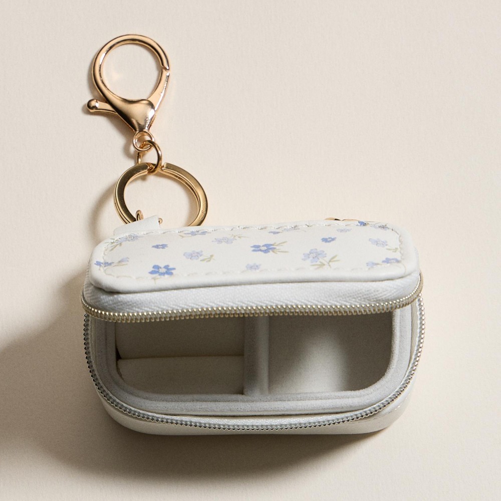Vegan Leather Flowers Print Jewelry Box Key Ring - Full Zip Closure - Earring Holder - 2 Ring Slots - Approximately 1.5" T X 3" L view 4