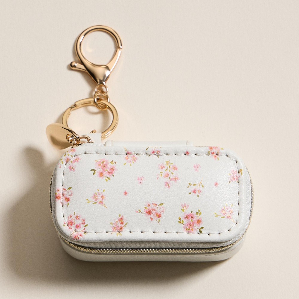 Vegan Leather Flowers Print Jewelry Box Key Ring - Full Zip Closure - Earring Holder - 2 Ring Slots - Approximately 1.5" T X 3" L view 2