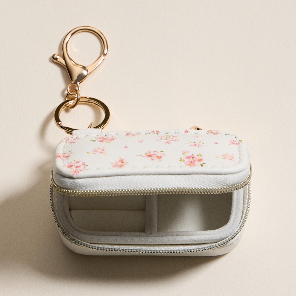 Vegan Leather Flowers Print Jewelry Box Key Ring - Full Zip Closure - Earring Holder - 2 Ring Slots - Approximately 1.5" T X 3" L view 4