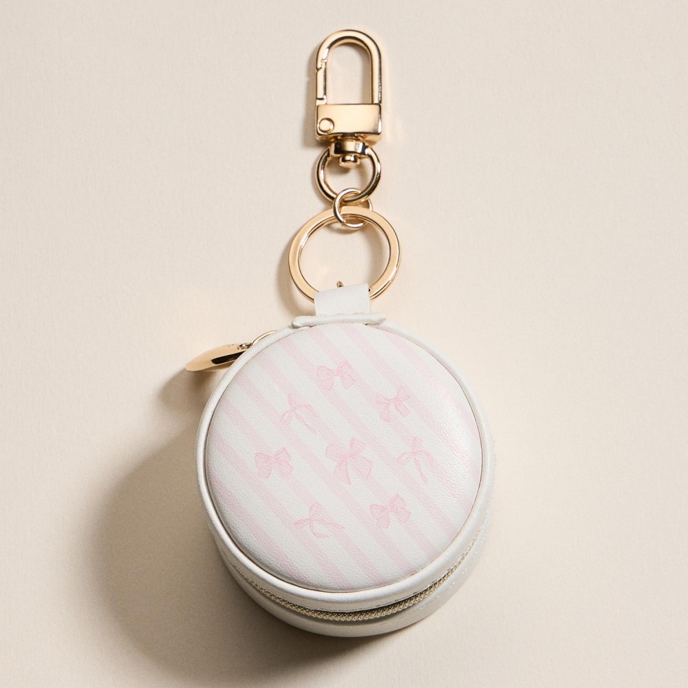 Vegan Leather Stripes & Bows Print Jewelry Box Key Ring - Full Zip Closure - Earring Holder - 3 Ring Slots - Approximately 2.25" T X 2.25" L view 2