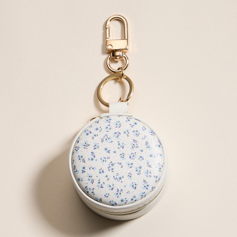 Vegan Leather Flowers Print Jewelry Box Key Ring - Full Zip Closure - Earring Holder - 3 Ring Slots - Approximately 2.25" T X 2.25" L view 2