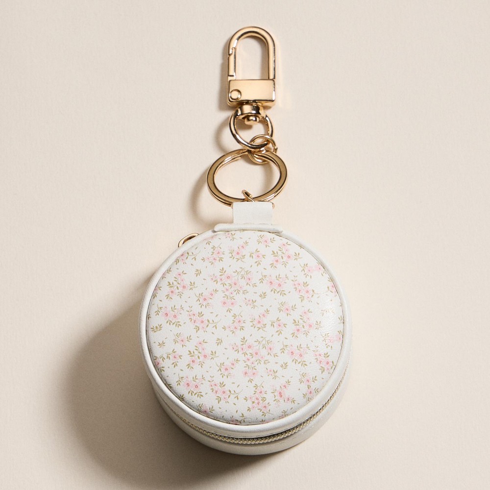Vegan Leather Flowers Print Jewelry Box Key Ring - Full Zip Closure - Earring Holder - 3 Ring Slots - Approximately 2.25" T X 2.25" L view 2