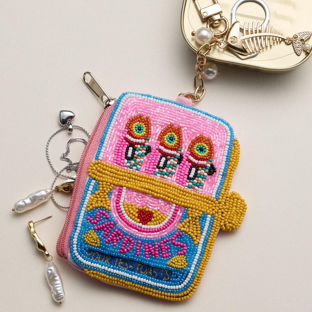 Seed Beaded Sardines Tin Pouch Key Ring - Approximately 8" L view 6