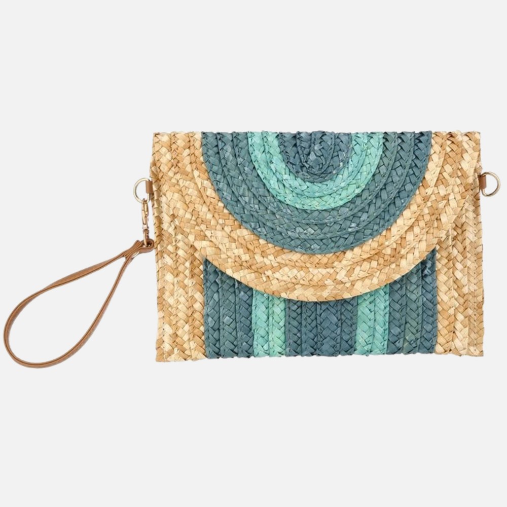 Multi Color Woven Straw Wristlet - Lined Body - Snap Closure - One Inner Pocket - Removable Cross Body Strap - Approximately 11" L X 7" T view 2