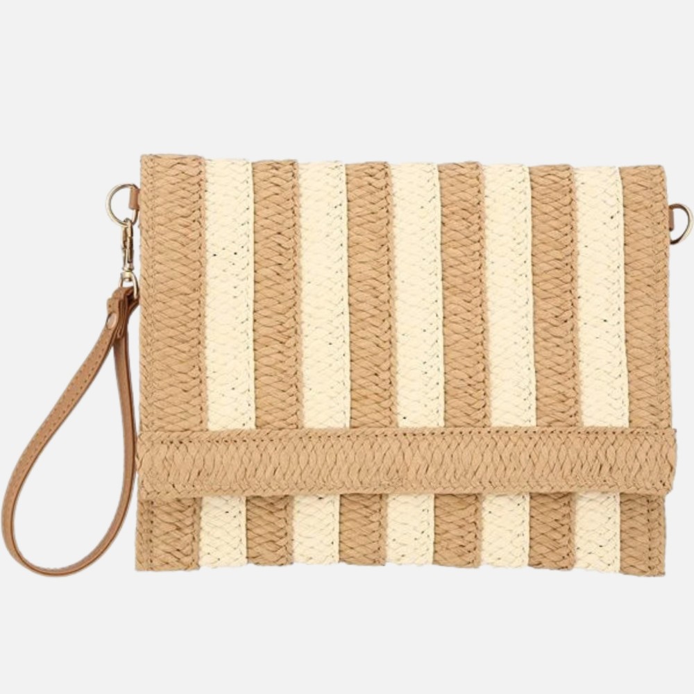 Two Tone Woven Straw Wristlet - Snap Closure - Lined Body - 1 Open Pocket - Approximately 10" L X 8" T view 2