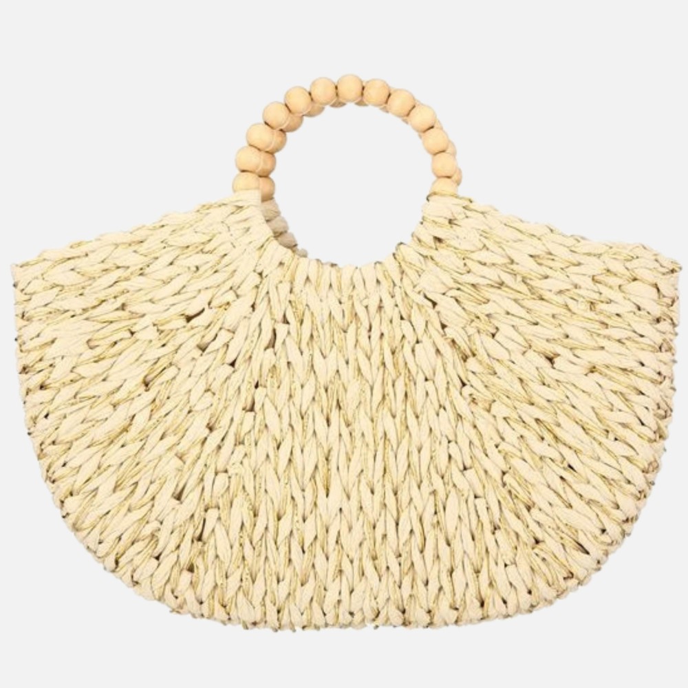 Woven Straw & Tinsel Tote Bag With Wood Beaded Handles - Lined Body - Drawstring Closure - One Inner Pocket - Approximately 16" L X 10" T X 2" D view 2