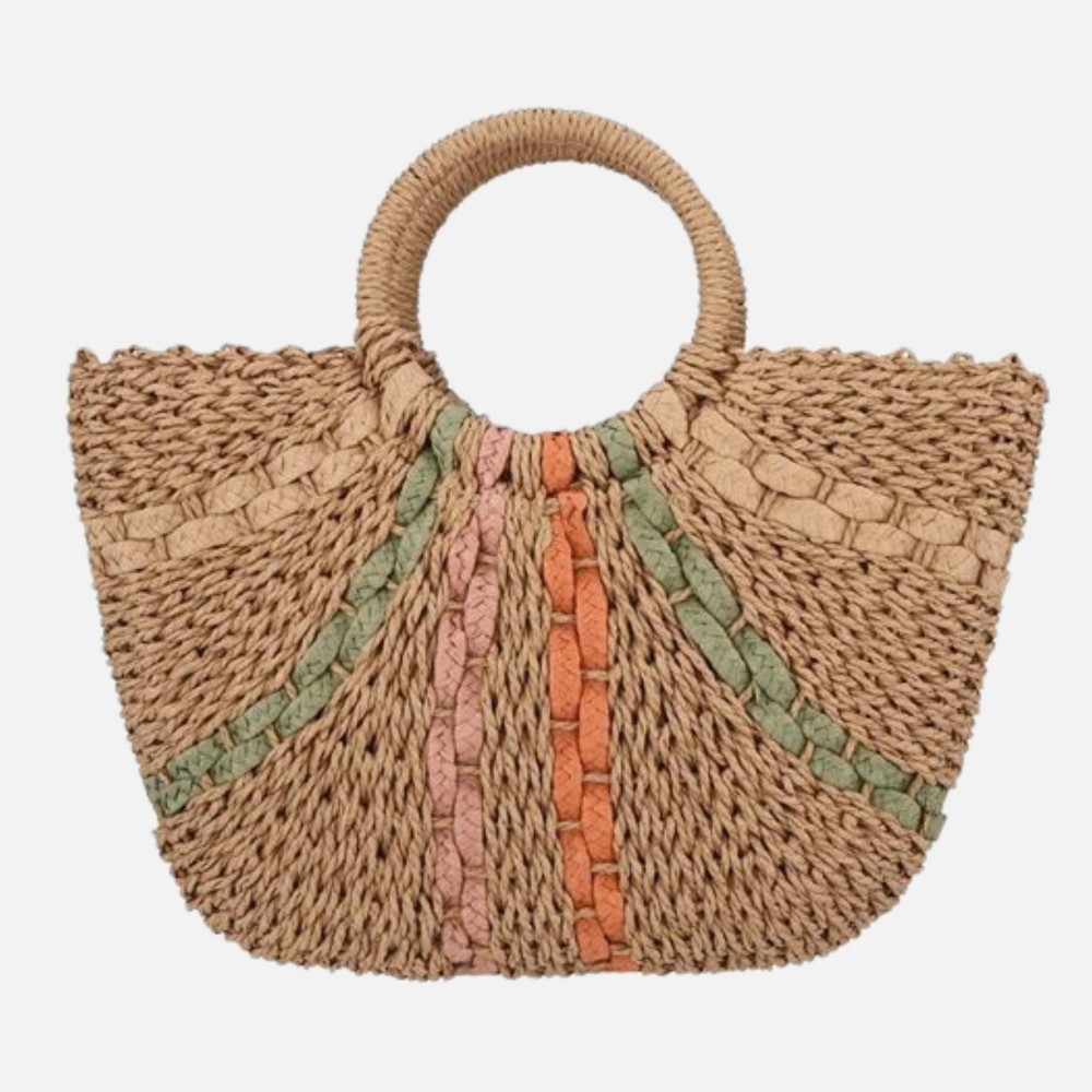 Woven Straw Tote Bag With Fanned Stripes Detail - Lined Body - Drawstring Closure - One Inner Pocket - Approximately 16" L X 10" T X 2" D view 2