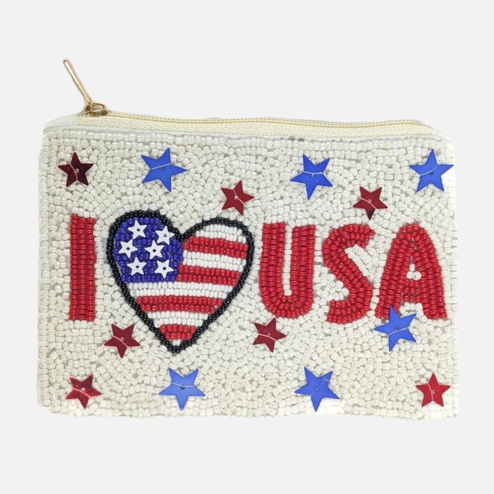 "I Love USA" Americana Seed Beaded Canvas Pouch - Fully Lined Inside - 100% Cotton Bag - Approximately 5" L X 4" T view 2