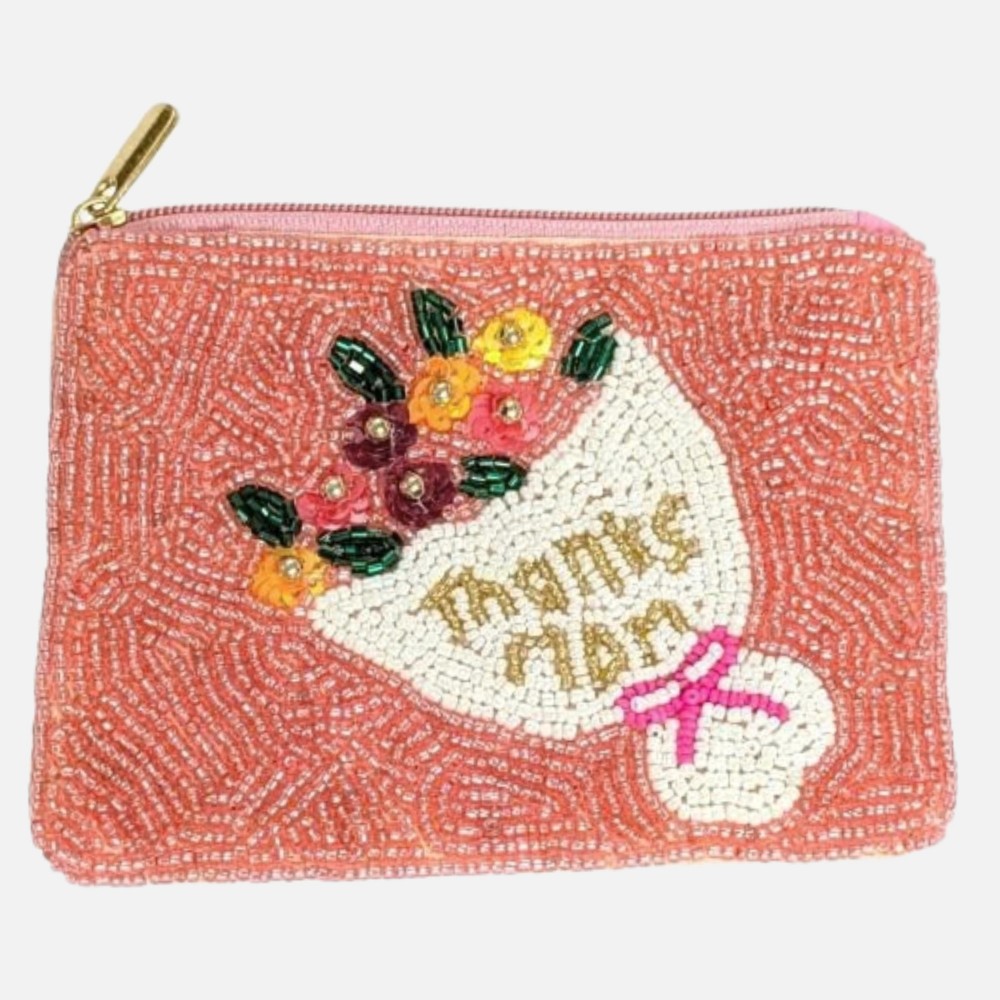 "Thanks Mom" & Bouquet Of Flowers Seed Beaded Canvas Pouch - Fully Lined Inside - 100% Cotton Bag - Approximately 5" L X 4" T view 2